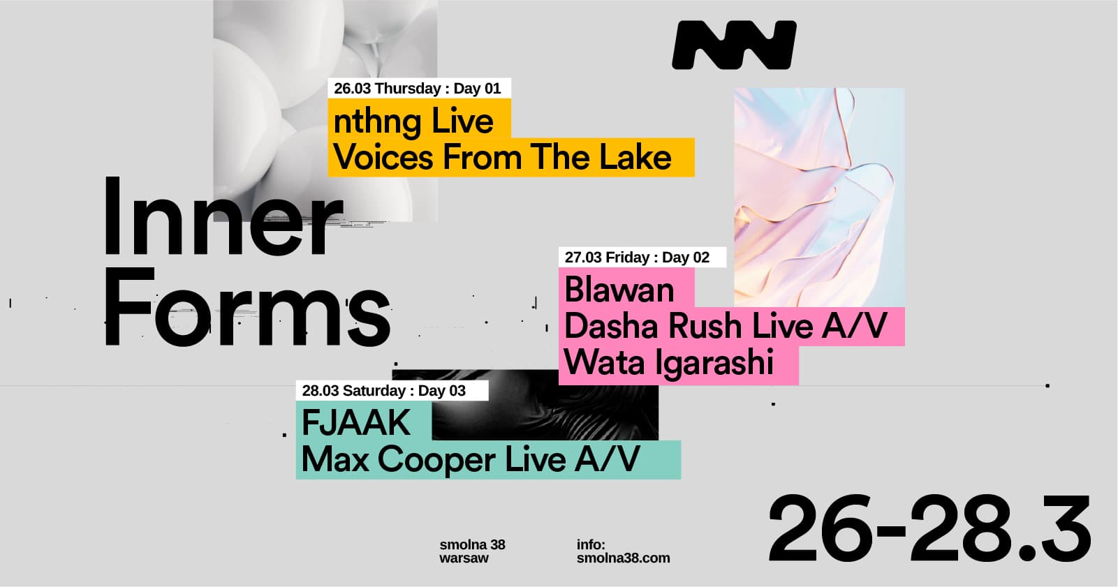 Inner Forms event cover showing the lineup for 26-28 March at Smolna 38, Warsaw