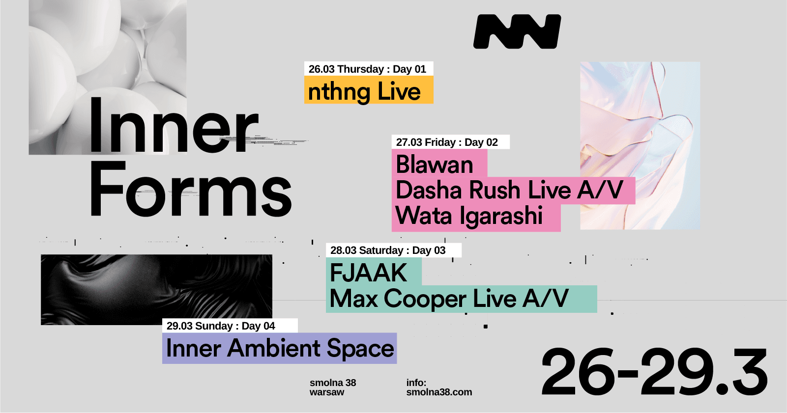 Inner Forms event cover showing the lineup for 26-28 March at Smolna 38, Warsaw